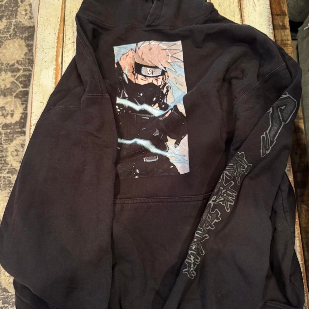 Naruto Kakashi Hatake Graphic Hoodie Black Anime Streetwear Mens Large